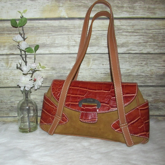 TOD'S Tan Brown Suede Croc Embossed Leather Purse